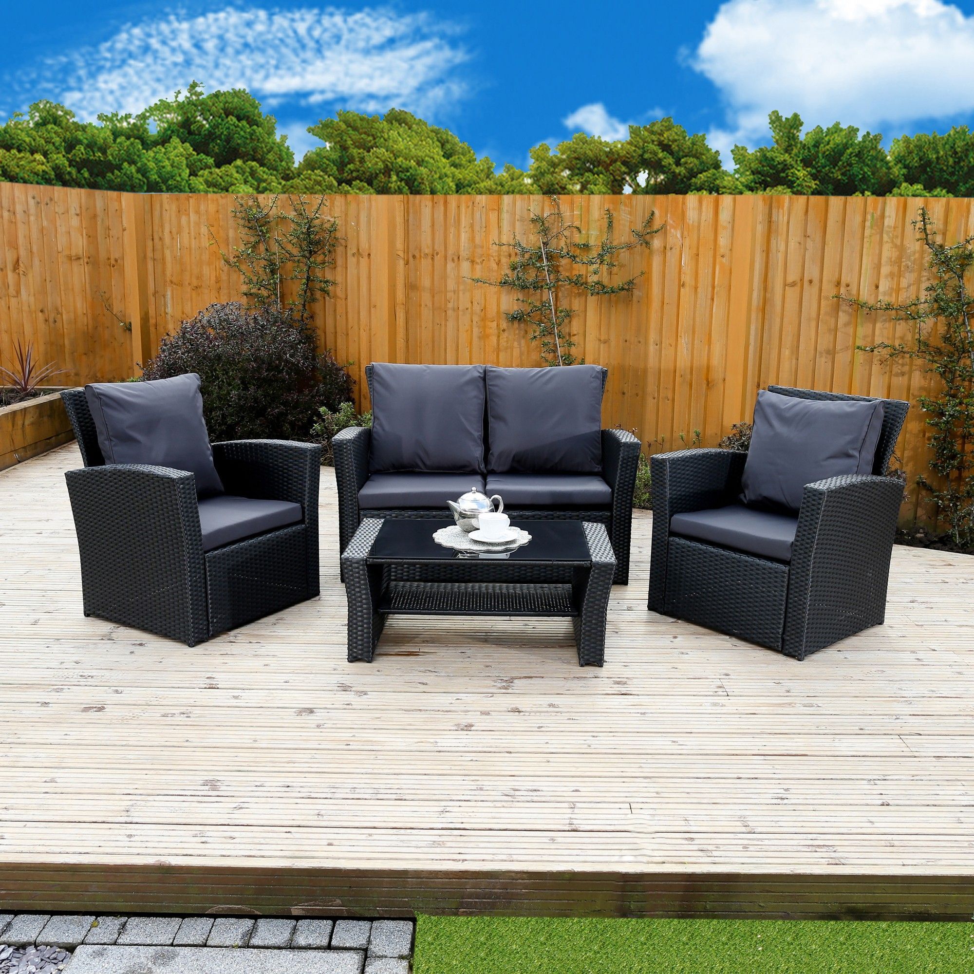 4 Piece Algarve Rattan Sofa Set In Black With Dark For Black And Tan Rattan Console Tables (View 14 of 20)