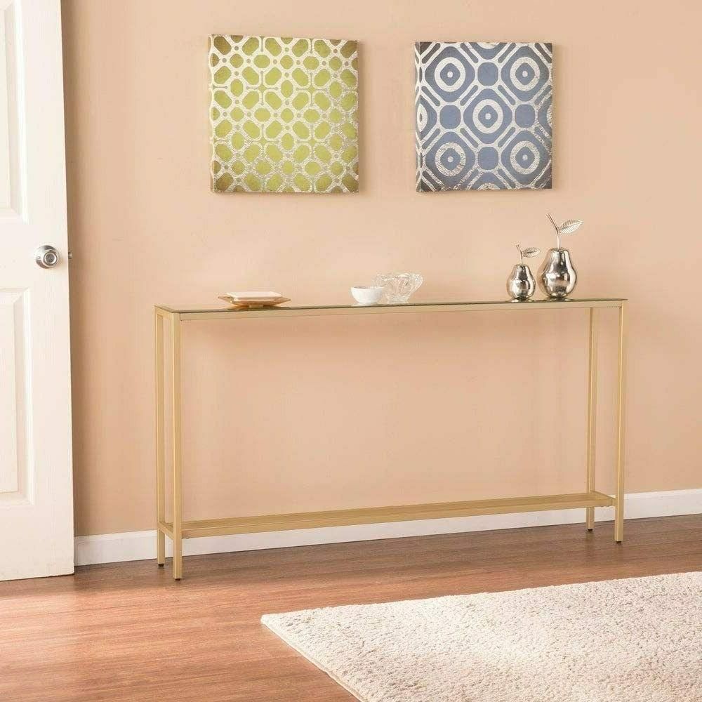 55" Slim Console Table Gold Mirror Top Glam Inside Antique Gold Aluminum Console Tables (Photo 7 of 20)