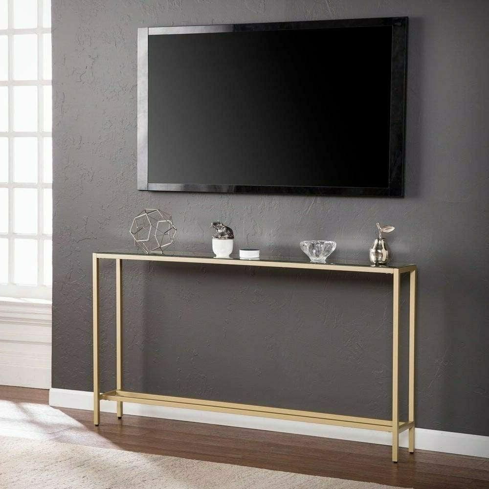 55" Slim Console Table Gold Mirror Top Glam Inside Gold And Mirror Modern Cube Console Tables (View 15 of 20)