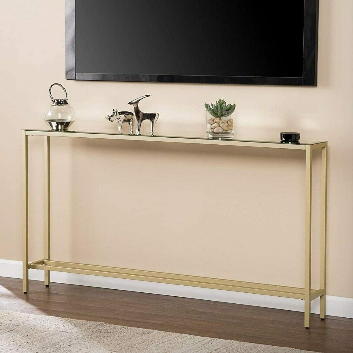 55" Slim Console Table Gold Mirror Top Glam With Regard To Metallic Gold Console Tables (Photo 5 of 20)