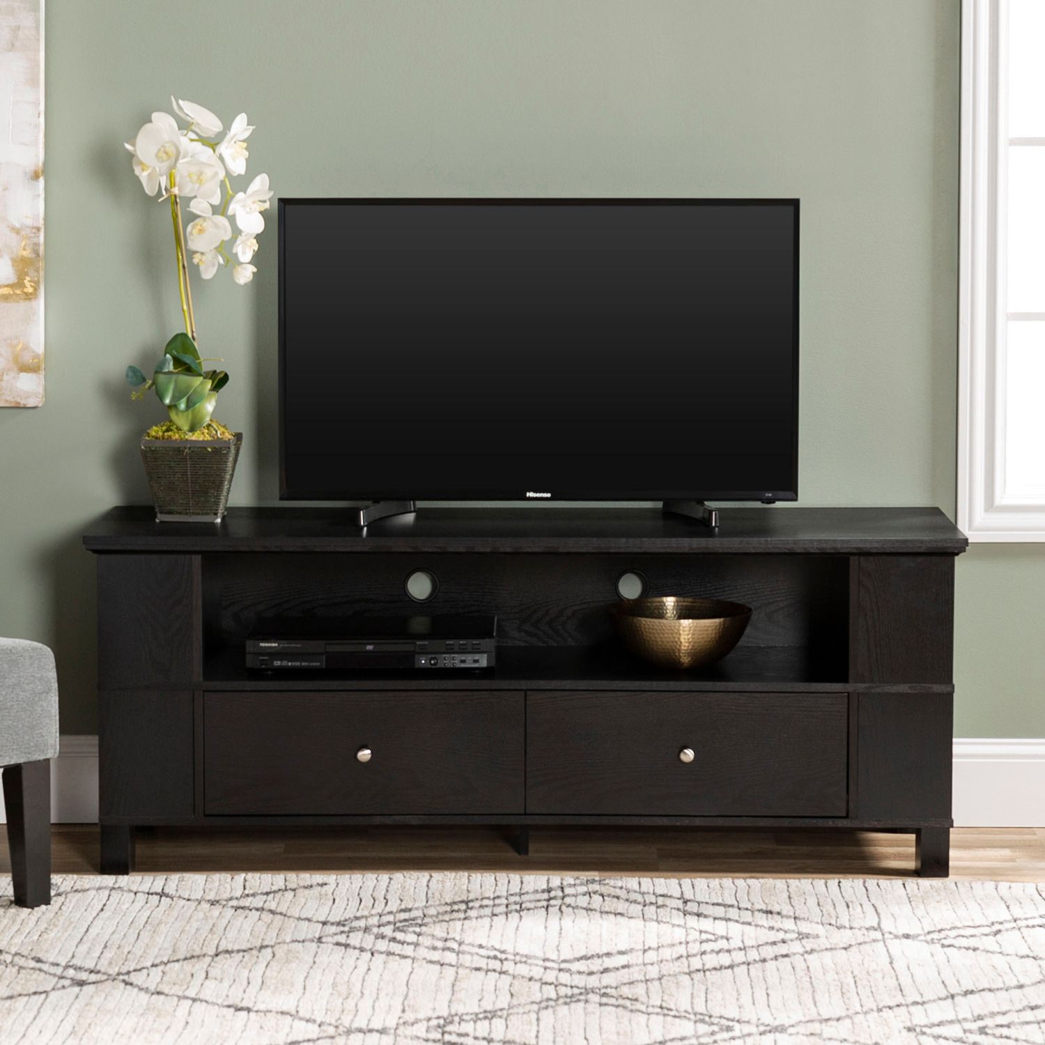 60" Black Tv Stand & Media Storage Console – Pier1 Imports Within Matte Black Console Tables (Photo 1 of 20)