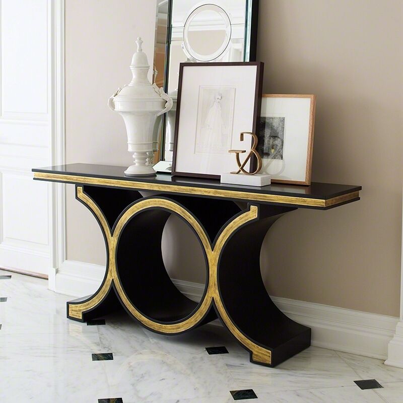 72" Console Table Solid Wood Satin Black Gold Trim Unique Regarding Metallic Gold Modern Console Tables (Photo 16 of 20)