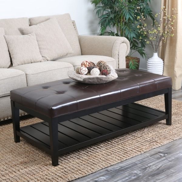 Abbyson Manchester Tufted Leather Coffee Table Ottoman Within Tufted Ottoman Console Tables (Photo 9 of 20)