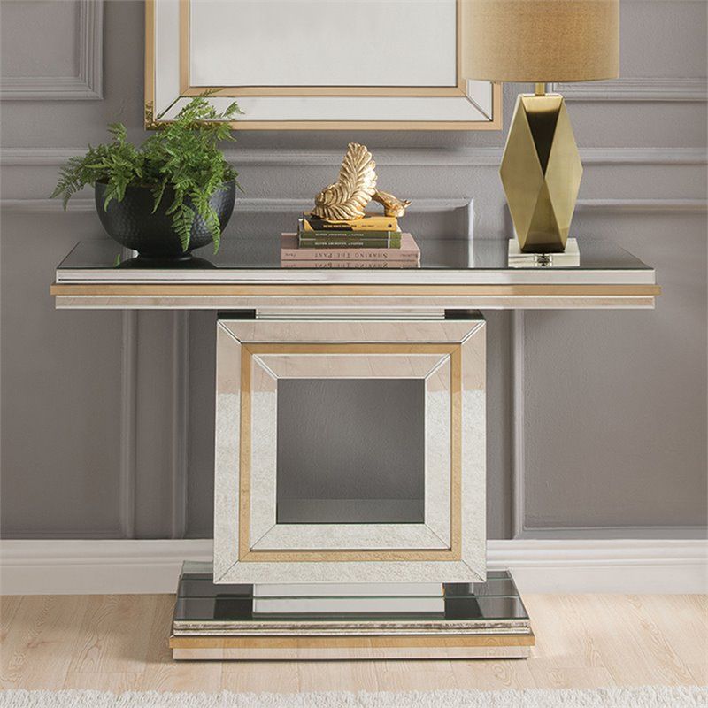 Acme Osma Glam Console Table In Mirrored And Gold Trim Intended For Gold Console Tables (Photo 9 of 20)