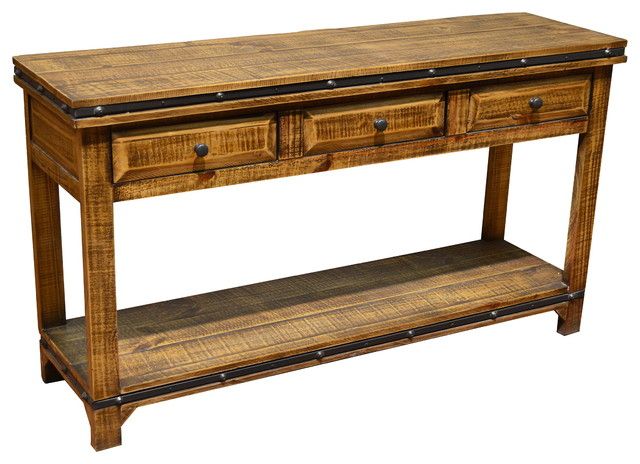 Addison Rustic Pine Wood Sofa Table Console With 3 Drawers Intended For Rustic Walnut Wood Console Tables (Photo 18 of 20)