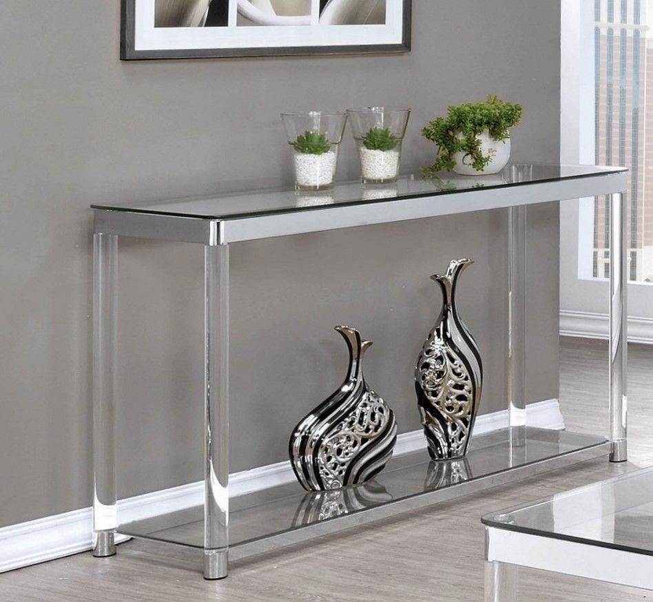 Adriana Chrome & Acrylic Sofa Table With Glass Topcoaster For Silver And Acrylic Console Tables (Photo 9 of 20)