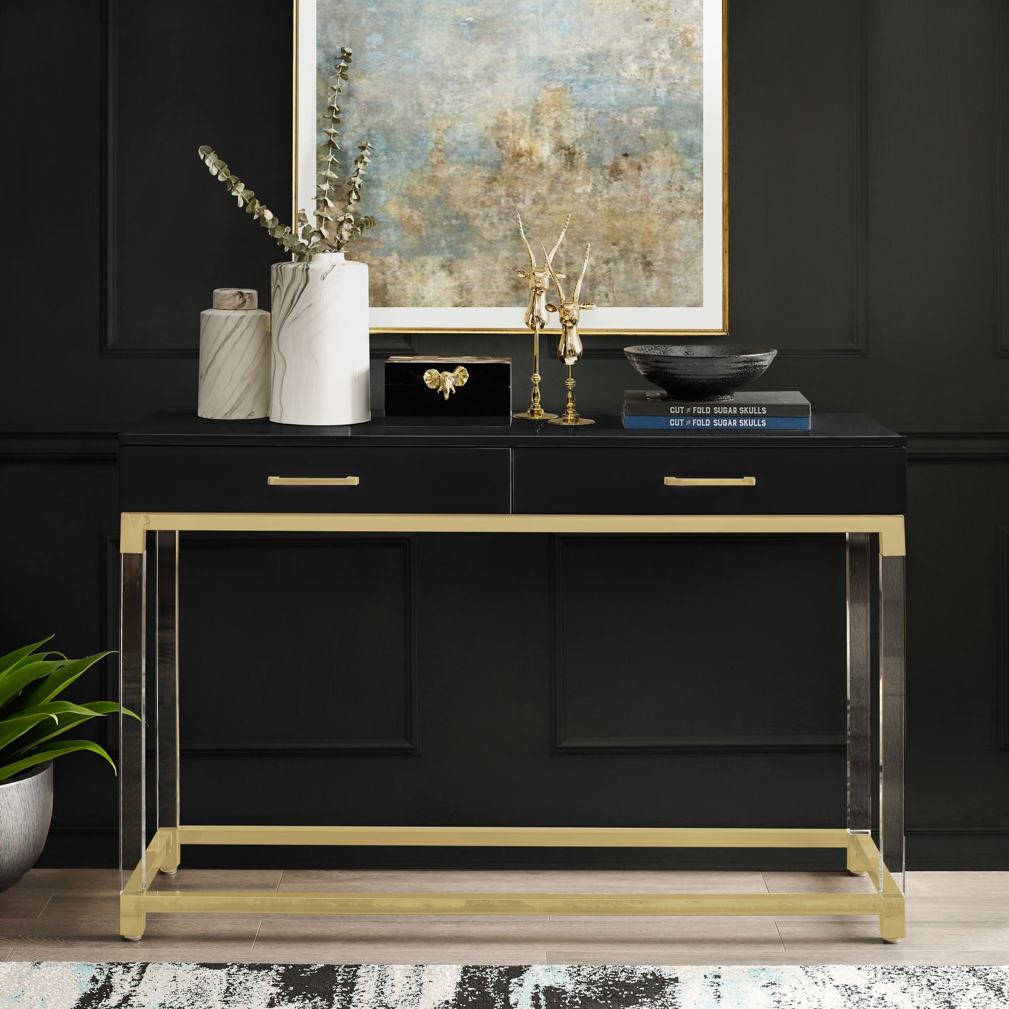 Alena Black Console Table  2 Drawers | High Gloss Throughout Stainless Steel Console Tables (View 14 of 20)