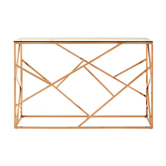 Alluras Glass Console Table In Rose Gold Geometric Frame With Regard To Geometric Glass Top Gold Console Tables (View 15 of 20)