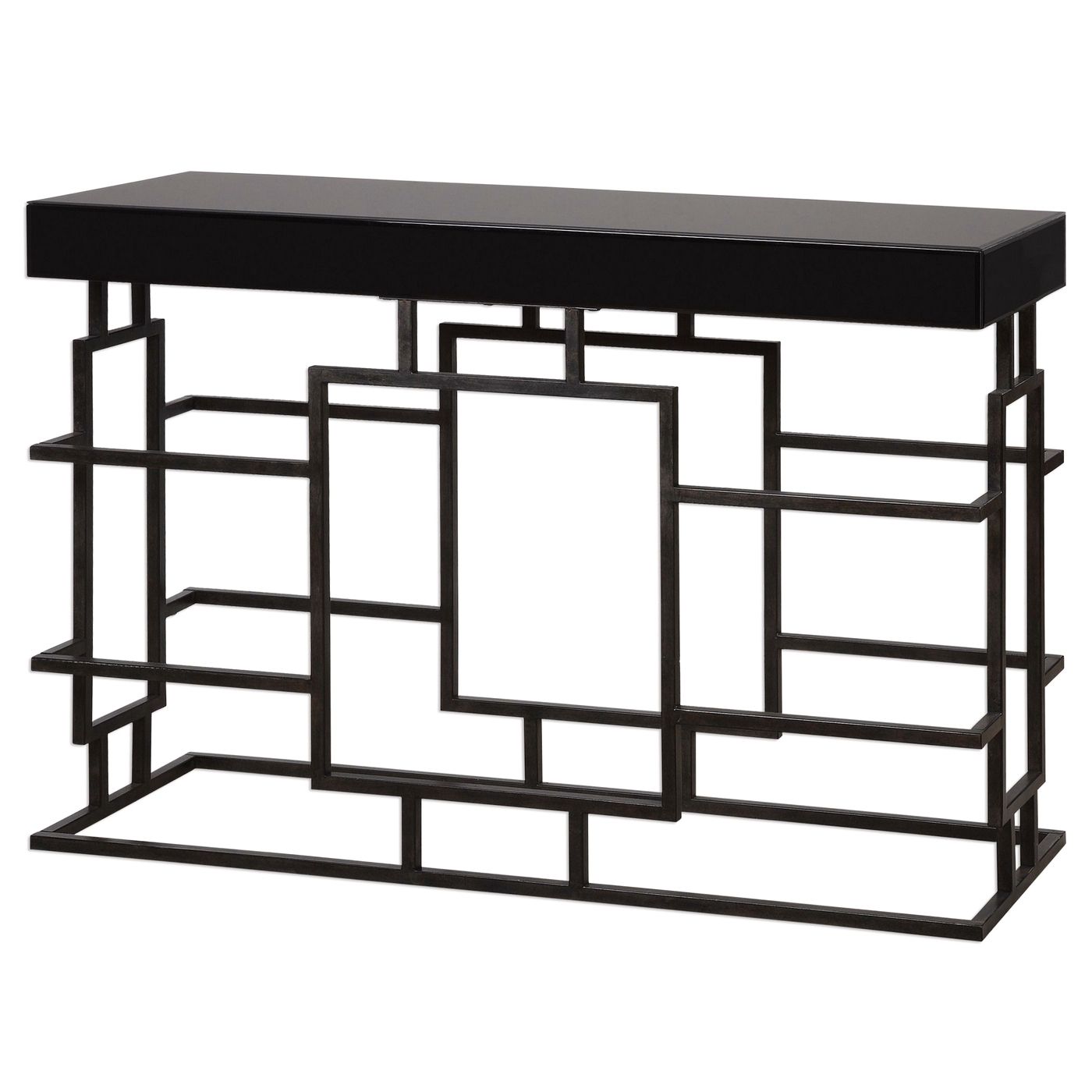 Andy Stylish Black Console Table In Geometric Iron Frame Within Aged Black Iron Console Tables (View 14 of 20)