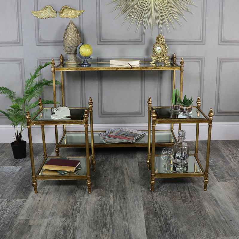 Antique Gold Mirrored Console Table With 2 Side Tables With Regard To Gold Console Tables (Photo 14 of 20)