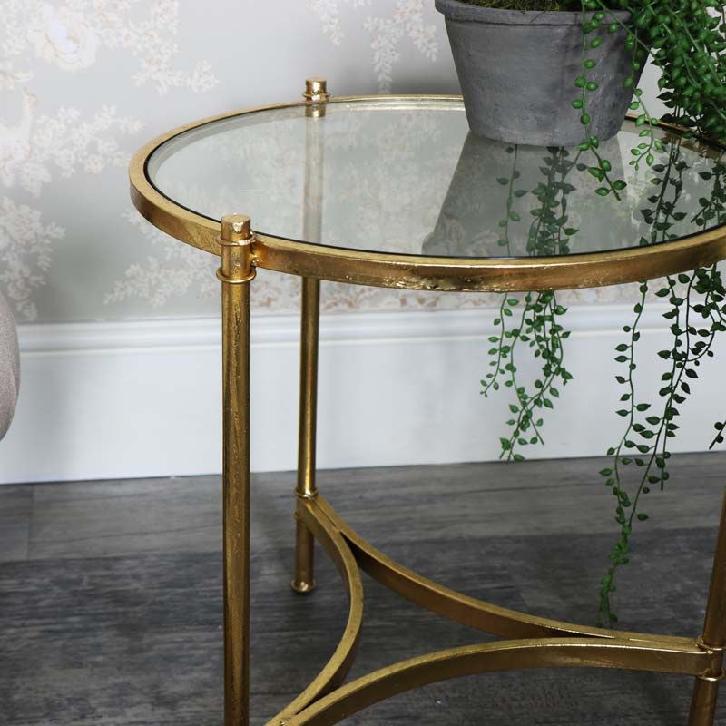 Antique Gold Round Glass Top Side Table | Flora Furniture Intended For Glass And Gold Oval Console Tables (Photo 13 of 20)