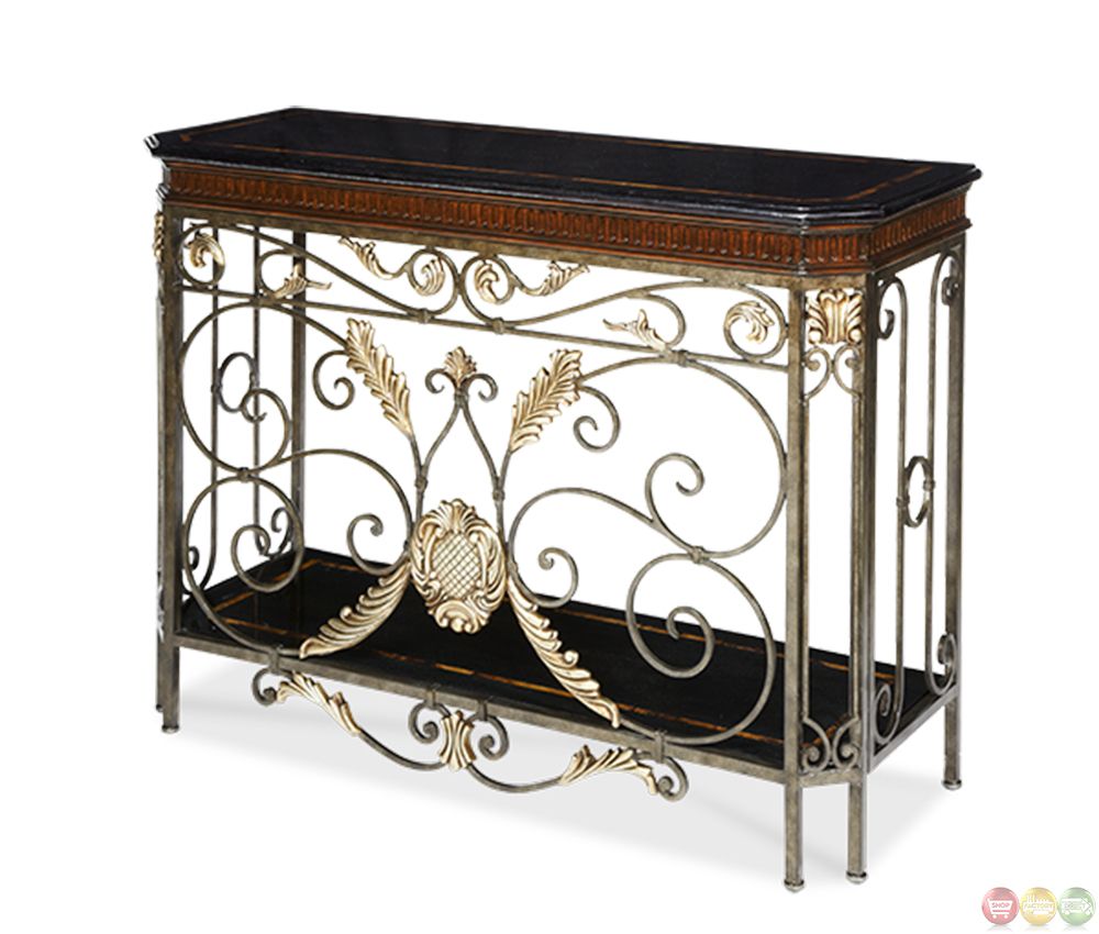 Antique Style Ornate Gold Accent And Leaf Design Console Table In Antique Silver Aluminum Console Tables (View 4 of 20)
