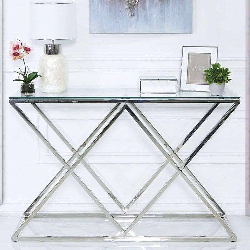 Antoinette Stainless Steel And Glass Console Table Hallway Throughout Stainless Steel Console Tables (View 13 of 20)