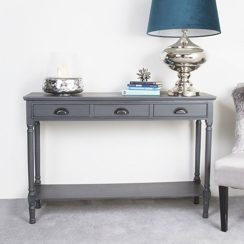 Arabella Grey Wood Large 3 Drawer Console Table Hallway Throughout Smoke Gray Wood Console Tables (Photo 2 of 20)