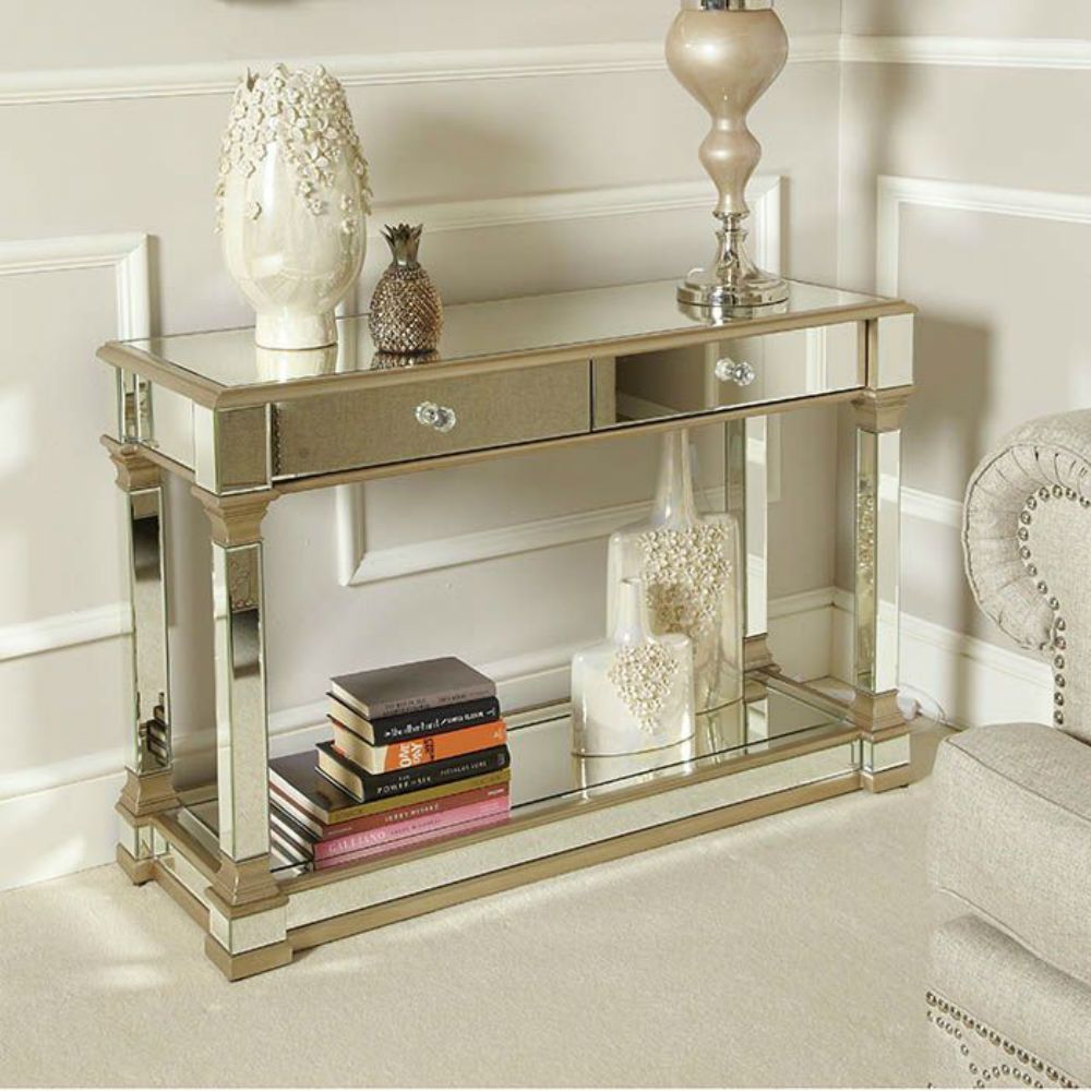 Arcadia Champagne Trim 2 Drawer Mirror Console Table In 2 Drawer Oval Console Tables (Photo 9 of 20)