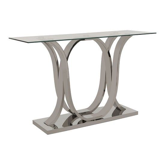 Armando Glass Console Table With Curved Stainless Steel Regarding Square Black And Brushed Gold Console Tables (View 2 of 20)