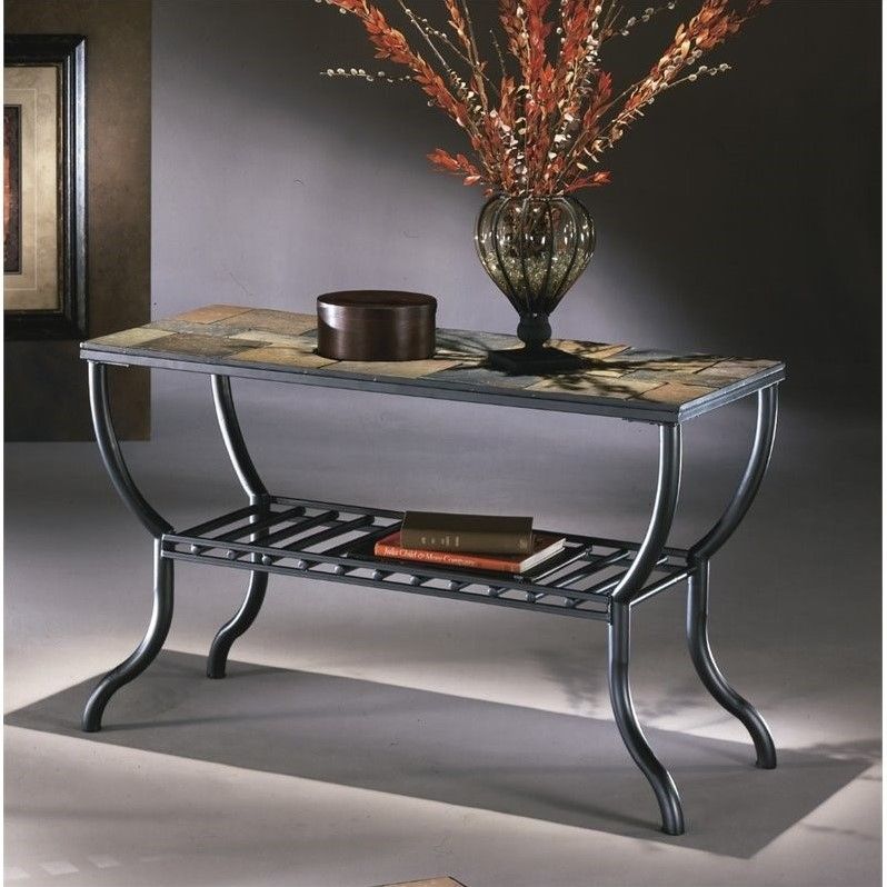Ashley Antigo Slate Tile Sofa Table In Black – T233 4 With Regard To Oval Aged Black Iron Console Tables (View 12 of 20)