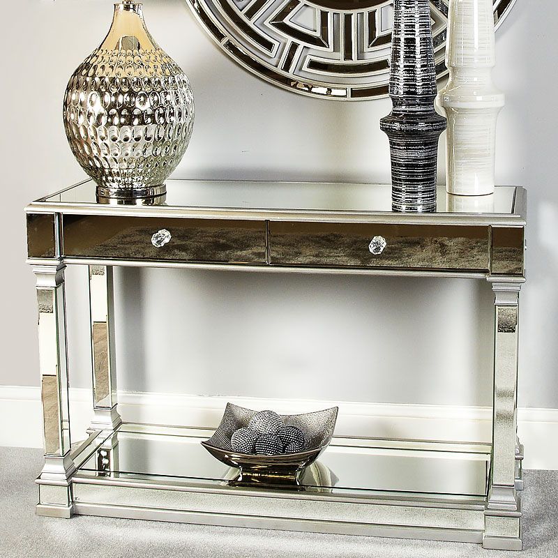 Athens Antique Silver Mirrored 2 Drawer Console Table Intended For Silver And Acrylic Console Tables (View 10 of 20)