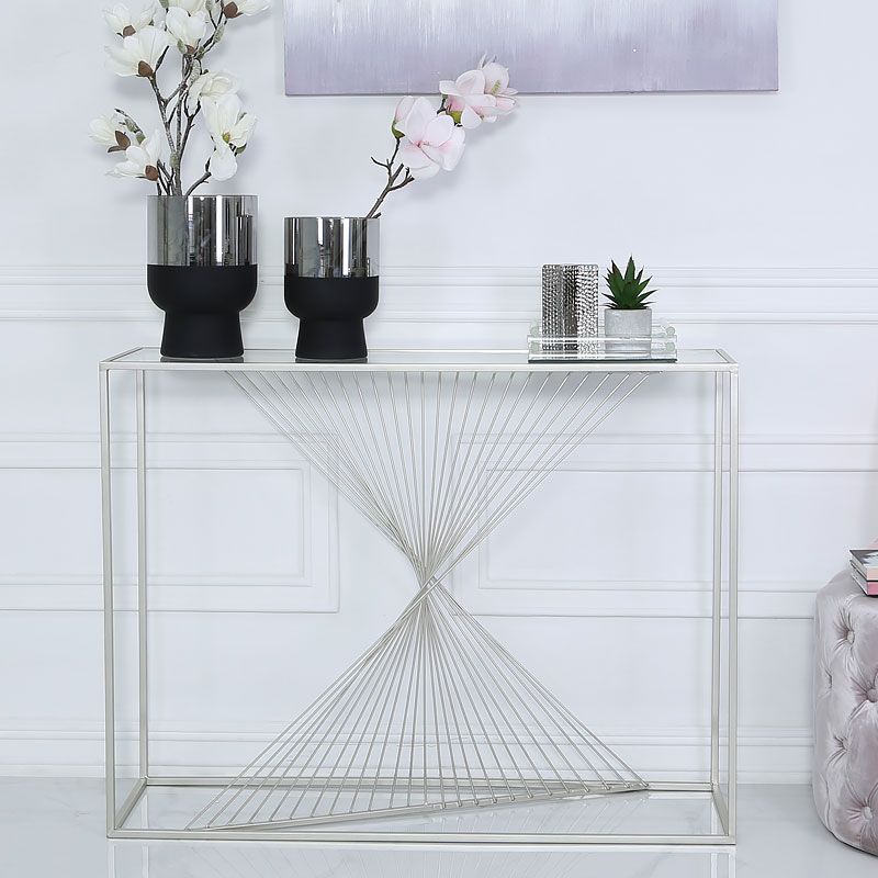 Ava Silver Metal And Clear Glass Console Table With Unique Pertaining To Glass And Pewter Console Tables (Photo 18 of 20)
