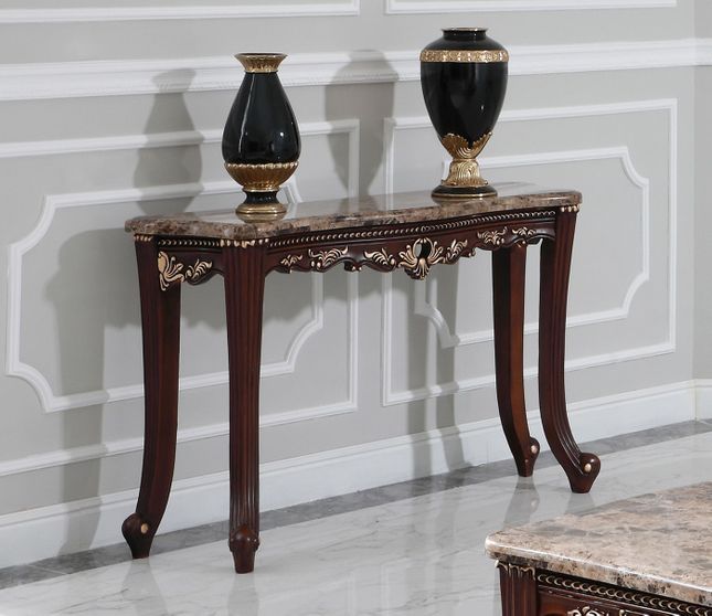 Azalea Traditional Carved Dark Wood Marble Top Console Regarding Marble And White Console Tables (View 6 of 20)