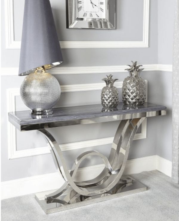 Azura Grey Marble Effect & Chrome Console Table – Lycroft Inside Chrome Console Tables (View 10 of 20)
