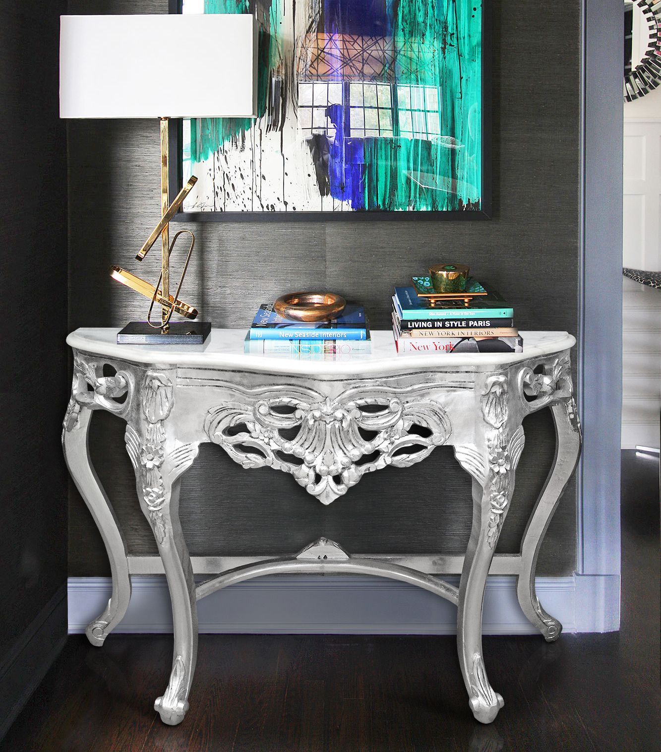 Baroque Console With Silvered Wood And White Marble Top In White Stone Console Tables (View 20 of 20)