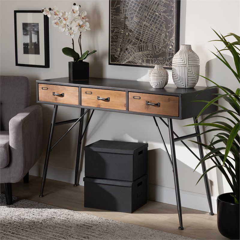 Baxton Studio Ariana Black And Oak Finished Wood 3 Drawer With Regard To Oak Wood And Metal Legs Console Tables (View 9 of 20)