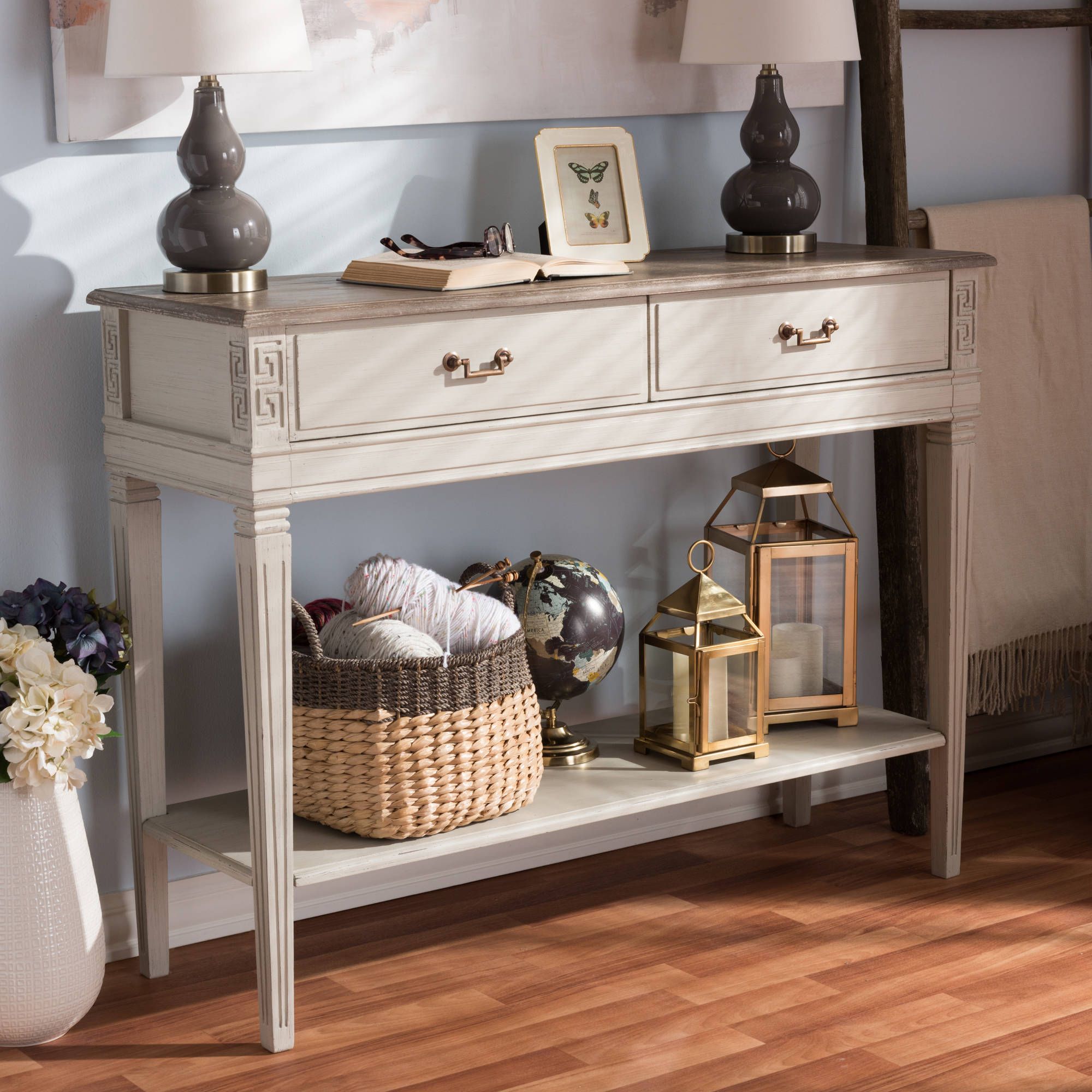 Baxton Studio Arte White Wash 2 Drawer Console Table With Pertaining To 3 Piece Shelf Console Tables (View 2 of 20)