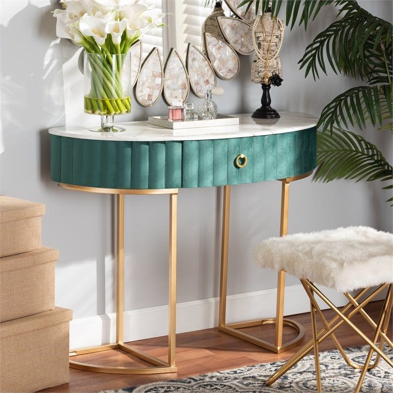 Baxton Studio Brush Gold Finish 1 Drawer Console Table Inside Faux White Marble And Metal Console Tables (View 15 of 20)