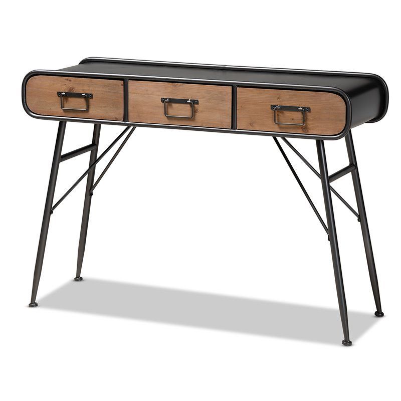 Baxton Studio Santo Black Metal And Oak Finished Wood 3 Throughout Rustic Oak And Black Console Tables (View 8 of 20)