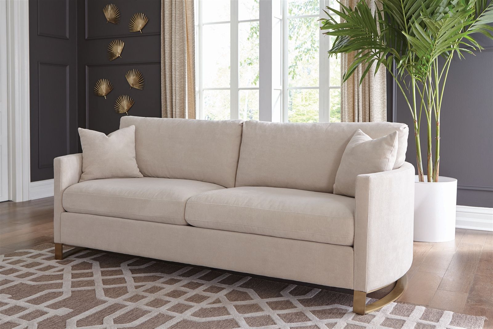 Beige Textured Chenille Upholstered Sofa With Brass Legs Pertaining To Ecru And Otter Console Tables (Photo 6 of 20)