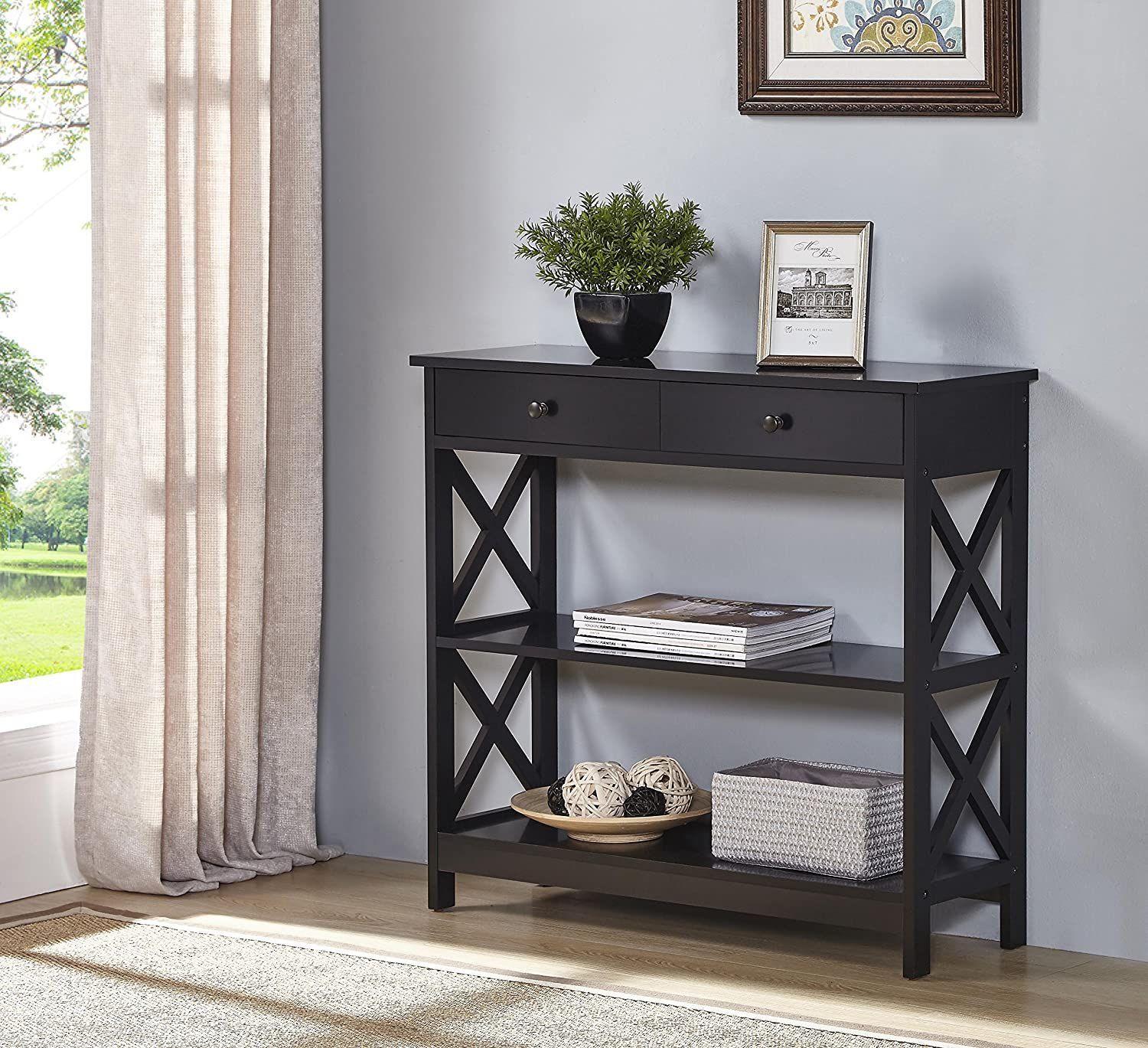 Black Finish 3 Tier Console Sofa Entry Table With Shelf In 3 Tier Console Tables (View 2 of 20)
