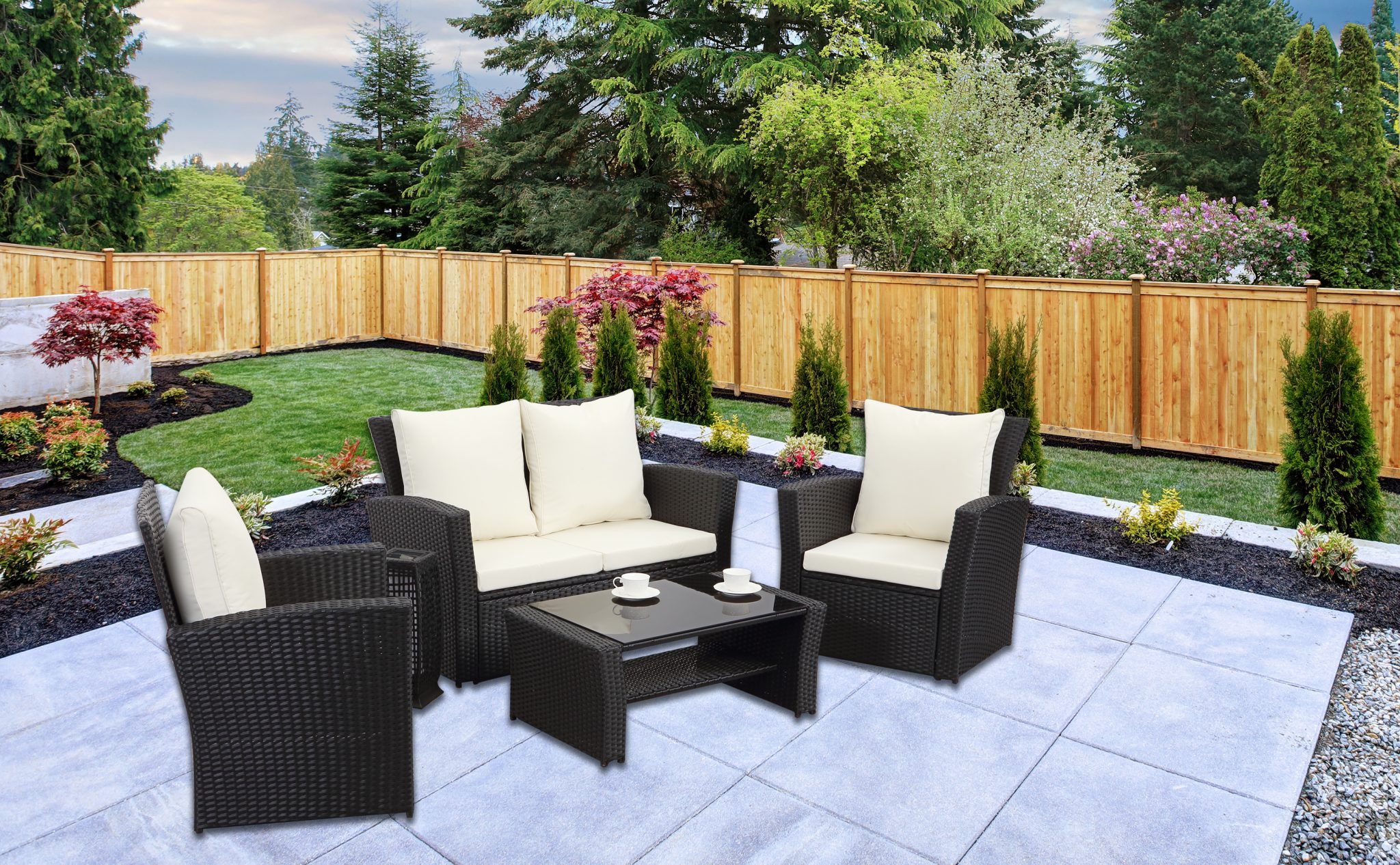 Black Rattan Garden Furniture With Two Chairs, Sofa And With Regard To Black And Tan Rattan Console Tables (Photo 15 of 20)