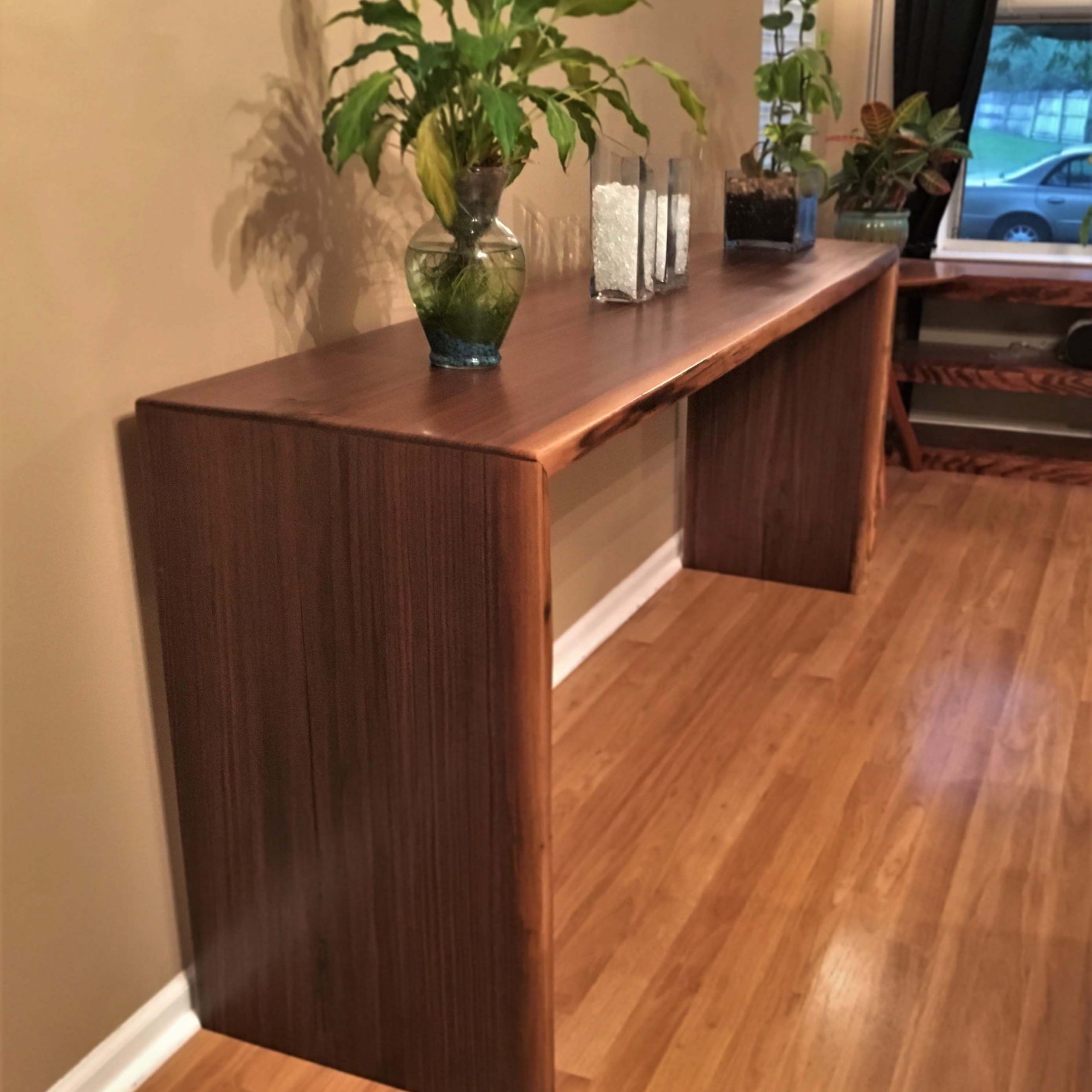 Black Walnut Live Edge Console Table / Waterfall Table Throughout Natural And Caviar Black Console Tables (View 6 of 20)