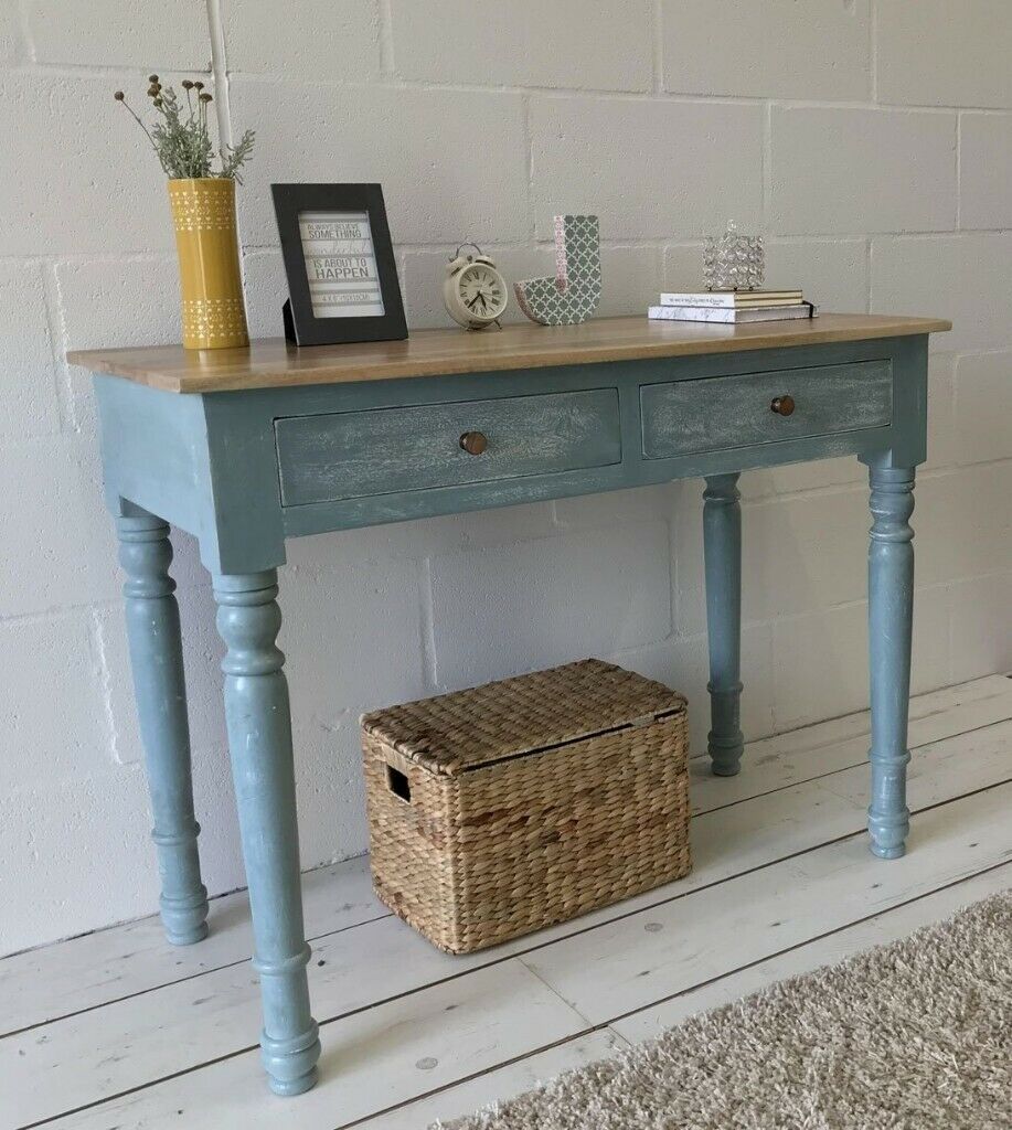 Brand New Blue Painted Console Table Desk With Drawers In Antique Blue Wood And Gold Console Tables (View 6 of 20)