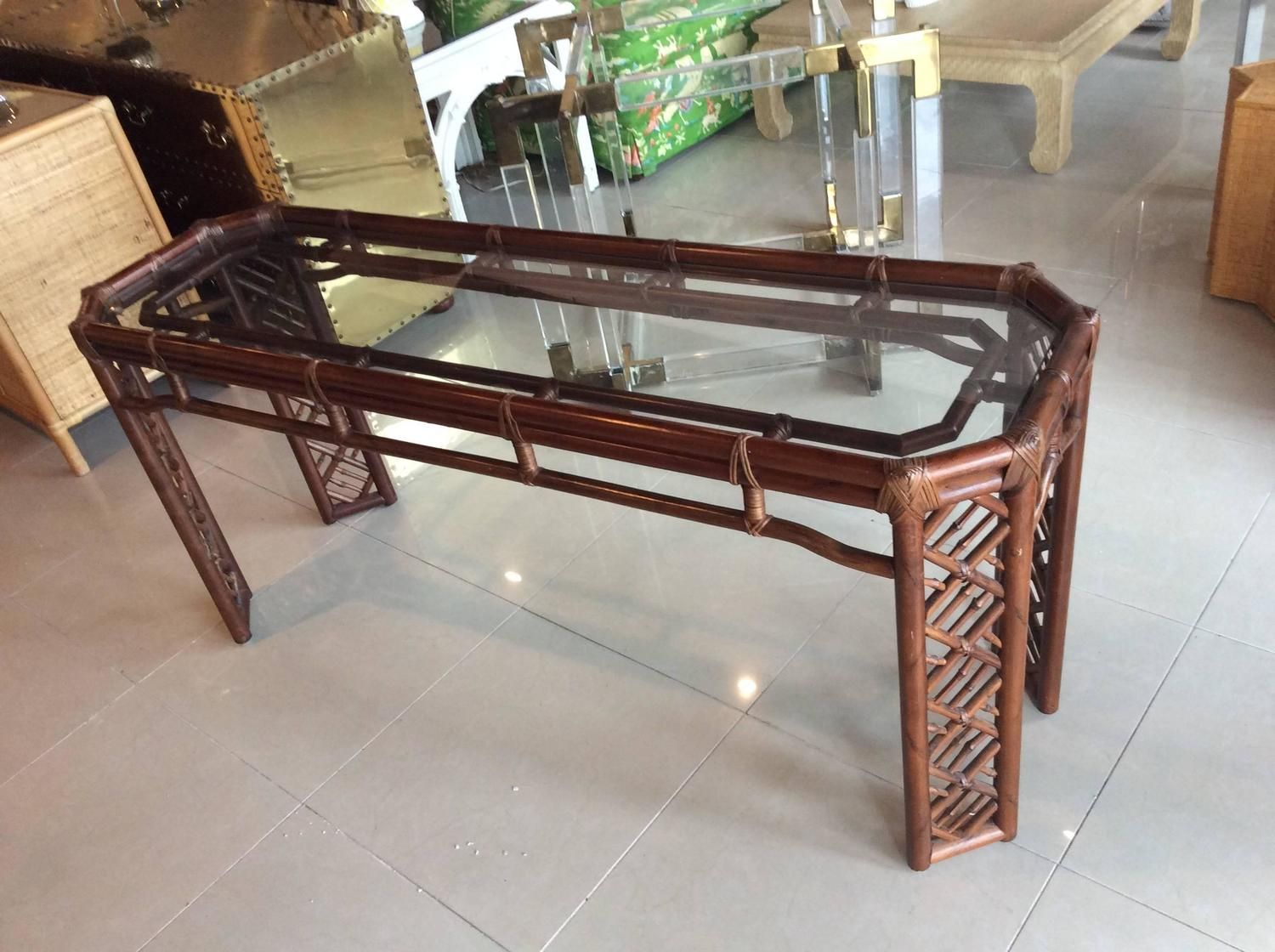 Brown Jordan Rattan Console Table Faux Bamboo Hollywood Regarding Wicker Console Tables (Photo 3 of 20)