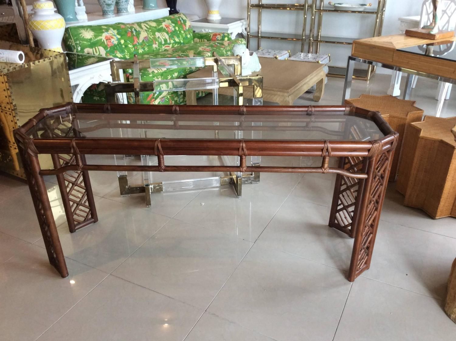 Brown Jordan Rattan Console Table Faux Bamboo Hollywood With Regard To Wicker Console Tables (View 5 of 20)