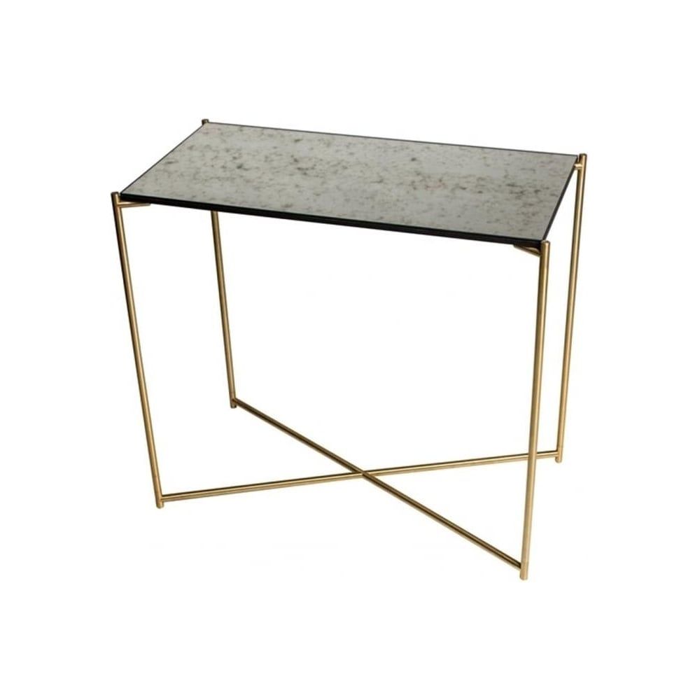 Buy Antiqued Glass Small Console Table & Brass Base At Within Square Matte Black Console Tables (View 14 of 20)