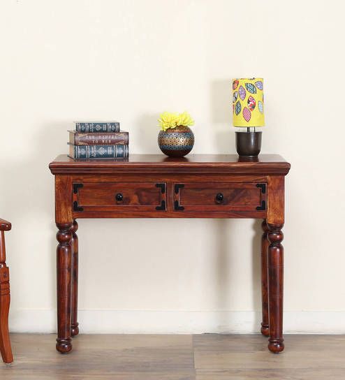 Buy Ayasa Solid Wood Console Table In Honey Oak Finish With Honey Oak And Marble Console Tables (Photo 17 of 20)