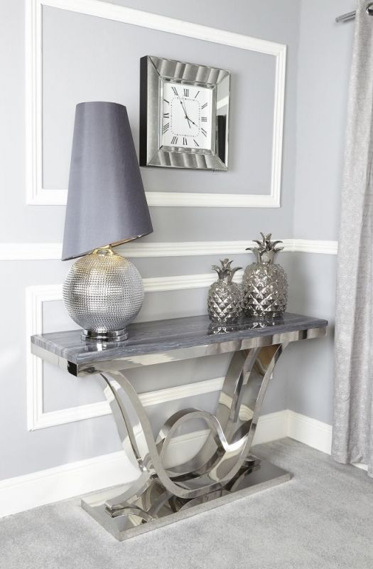 Buy Favara Grey Marble Effect And Chrome Console Table Inside Marble And White Console Tables (View 8 of 20)