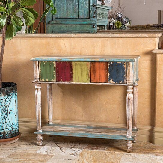 Buy Leo Antique Multi Color Weathered Wood 2 Drawer With Antique Blue Wood And Gold Console Tables (View 9 of 20)