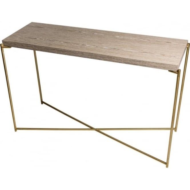 Buy Weathered Oak Large Console Table With Brass Base At Inside Square Matte Black Console Tables (View 15 of 20)
