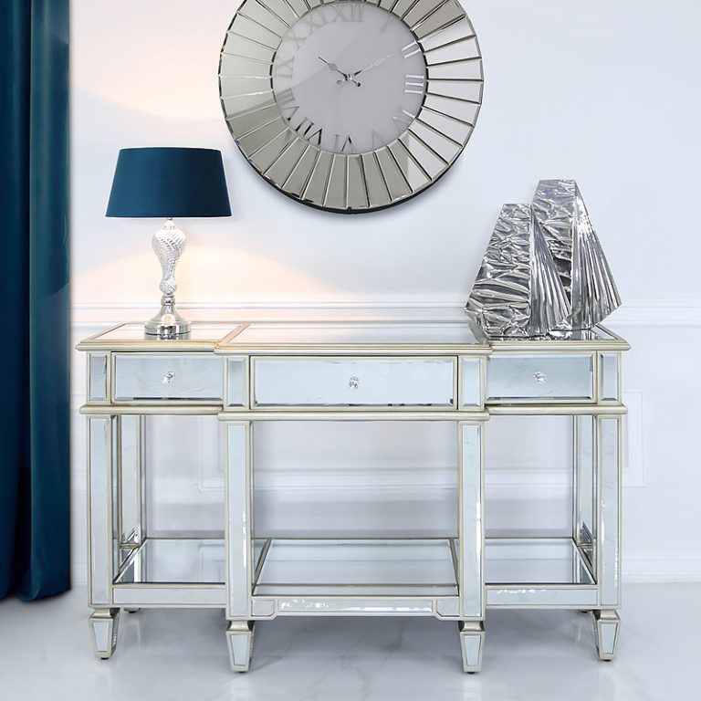 Canterbury 3 Drawer Champagne Gold Mirrored Console Table With Gold And Clear Acrylic Console Tables (View 13 of 20)