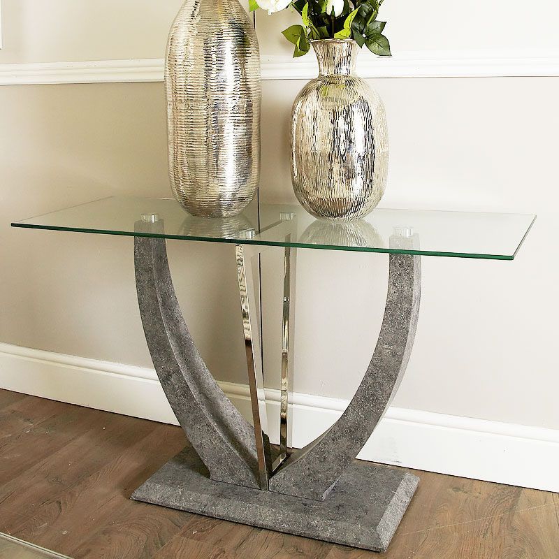 Caspian Toughened Glass Chrome And Stone Effect V Shaped Throughout Chrome And Glass Modern Console Tables (Photo 8 of 20)