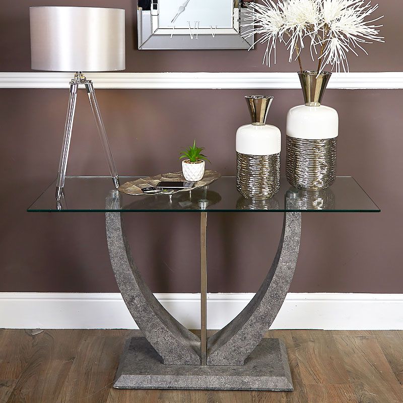 Caspian Toughened Glass Chrome And Stone Effect V Shaped Within Glass And Chrome Console Tables (View 5 of 20)