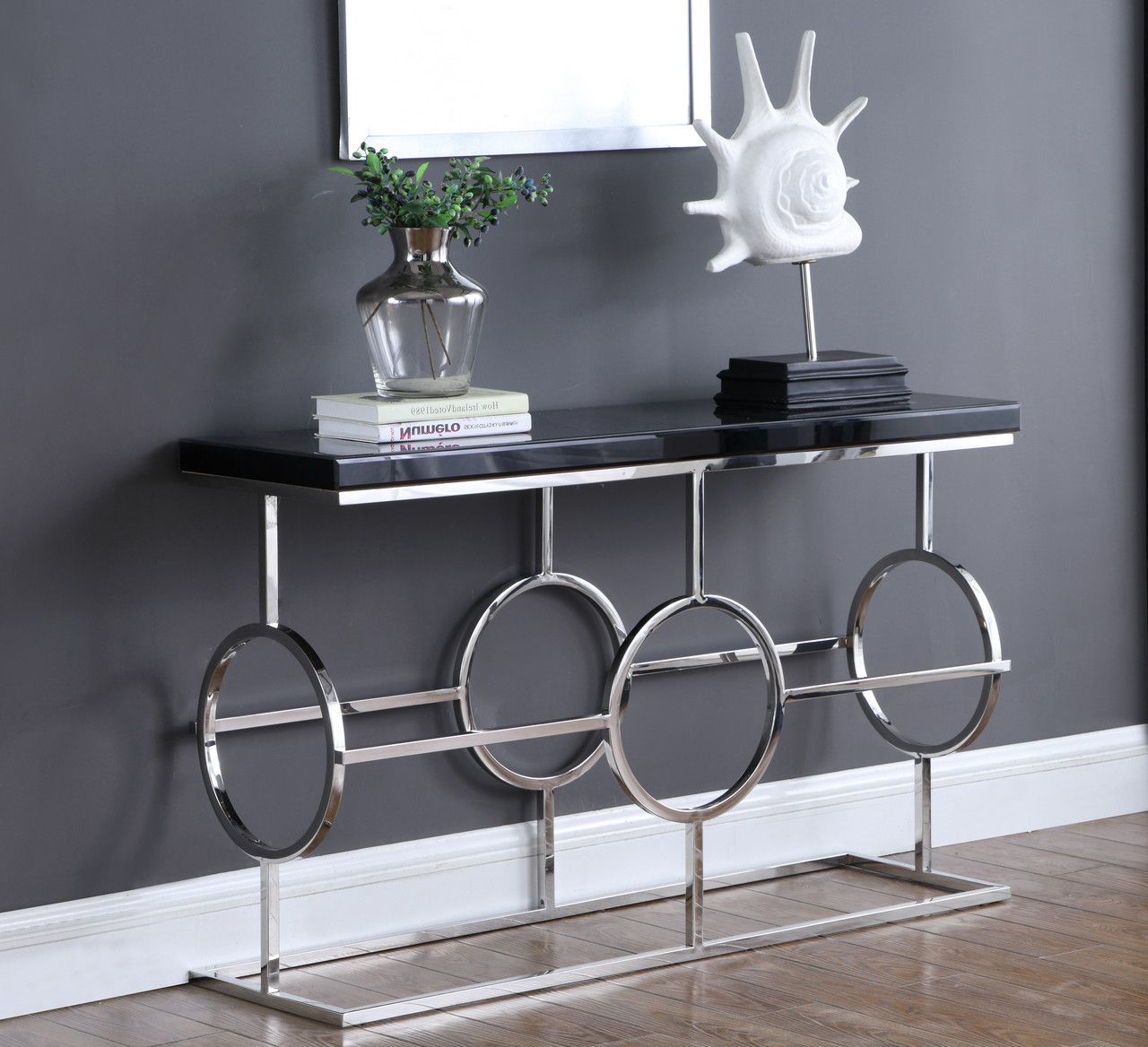 Cesario Modern Black Glass Top Sofa Table W/shaped Chrome In Chrome And Glass Modern Console Tables (View 16 of 20)