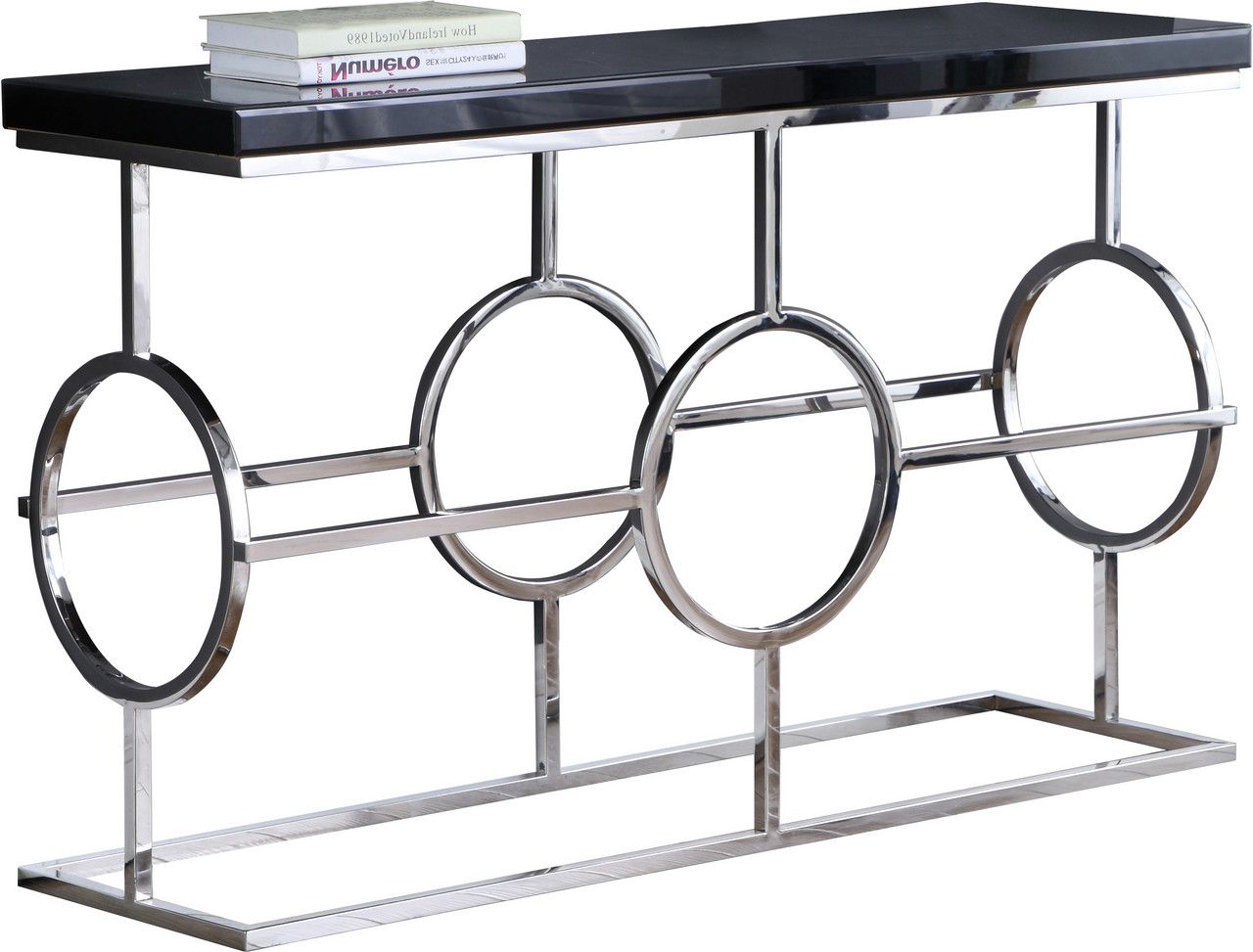 Cesario Modern Black Glass Top Sofa Table W/shaped Chrome With Black Round Glass Top Console Tables (View 14 of 20)