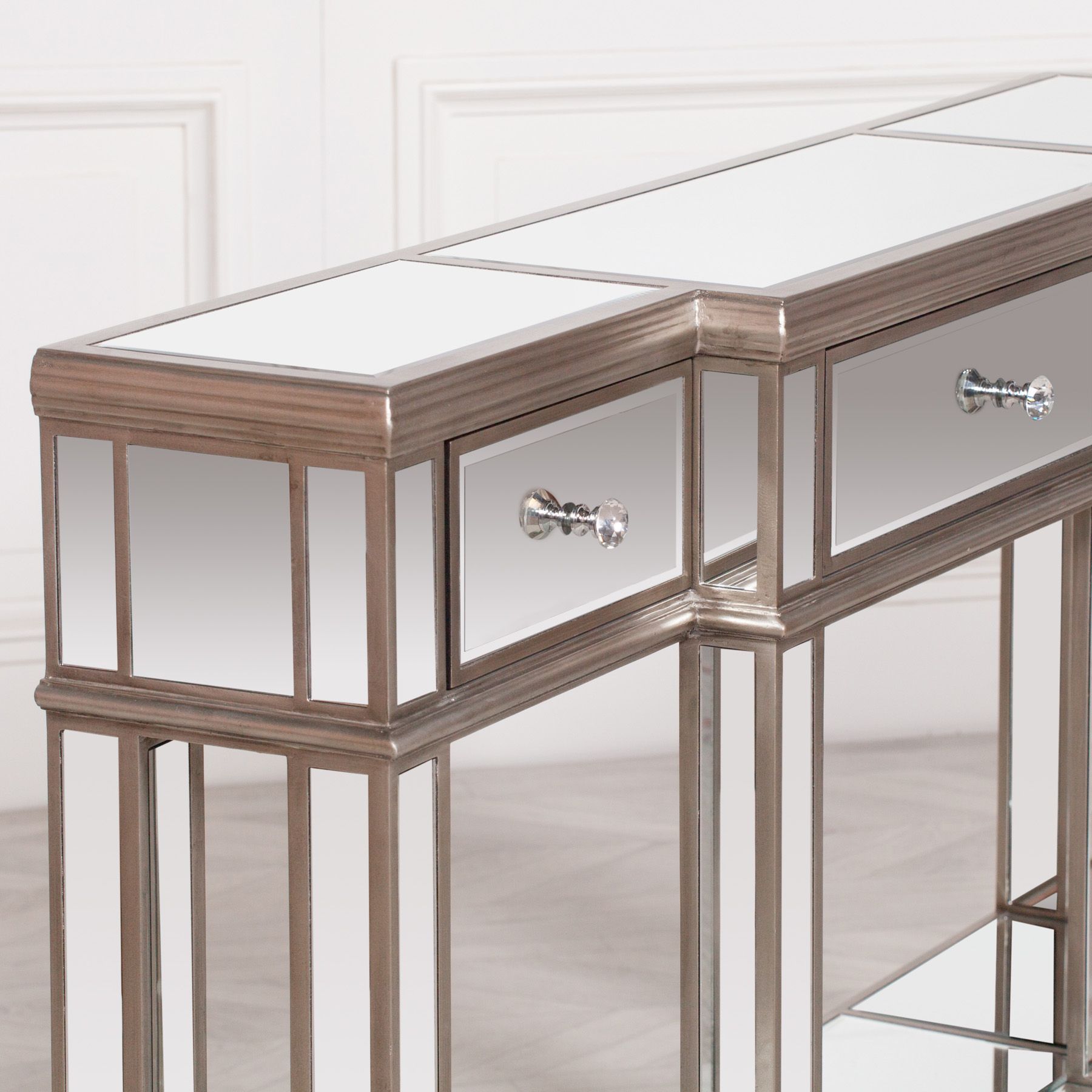 Champagne Silver Mirror Console Table – Maison Reproductions Inside Mirrored And Silver Console Tables (View 6 of 20)