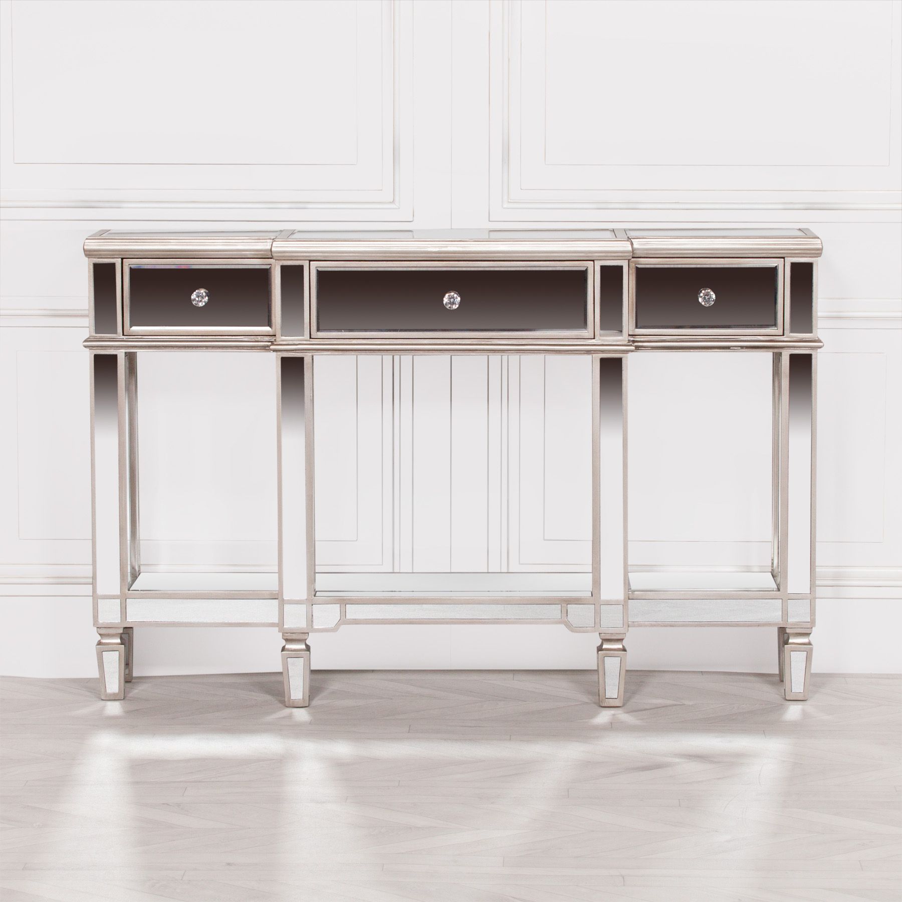Champagne Silver Mirror Console Table – Maison Reproductions Regarding Silver Mirror And Chrome Console Tables (Photo 2 of 20)