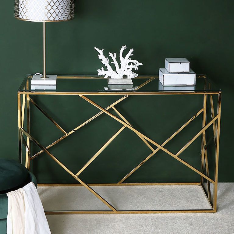 Charlotte Gold Metal Console Table With Clear Glass Top In Clear Glass Top Console Tables (Photo 8 of 20)